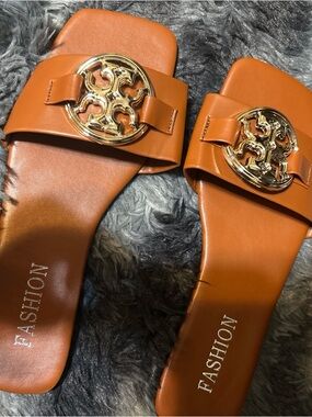 Tan Slide Sandals with Gold Medallion